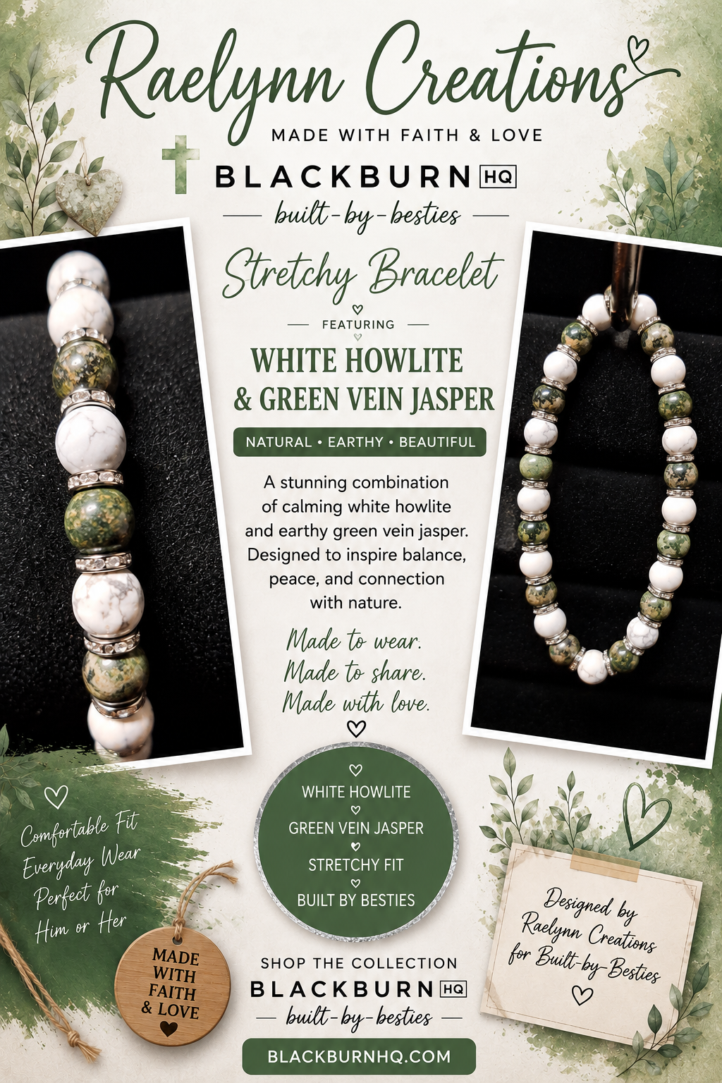 "Rooted Calm" - White Howlite & Green Vein Jasper Handmade Bracelet