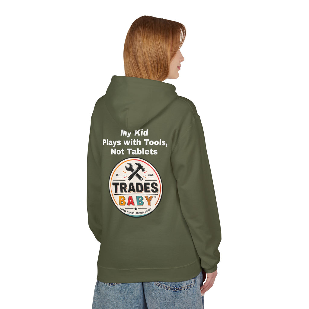 “My Kid Plays with Tools, Not Tablets” Hoodie — TradesBaby Kids Hoodie for Future Builders