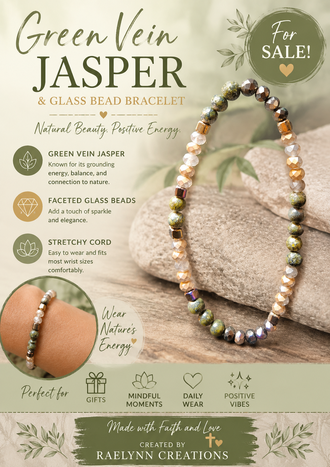 Green Vein Jasper Stretch Bracelet by Raelynn Creations