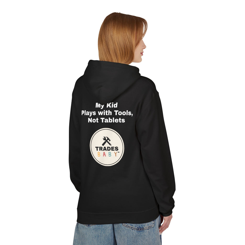 “My Kid Plays with Tools, Not Tablets” Hoodie — TradesBaby Kids Hoodie for Future Builders
