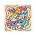 Besties & Coffee glossy vinyl sticker featuring two smiling kawaii coffee cups, whipped cream, pastries, coffee beans, and pink hearts.