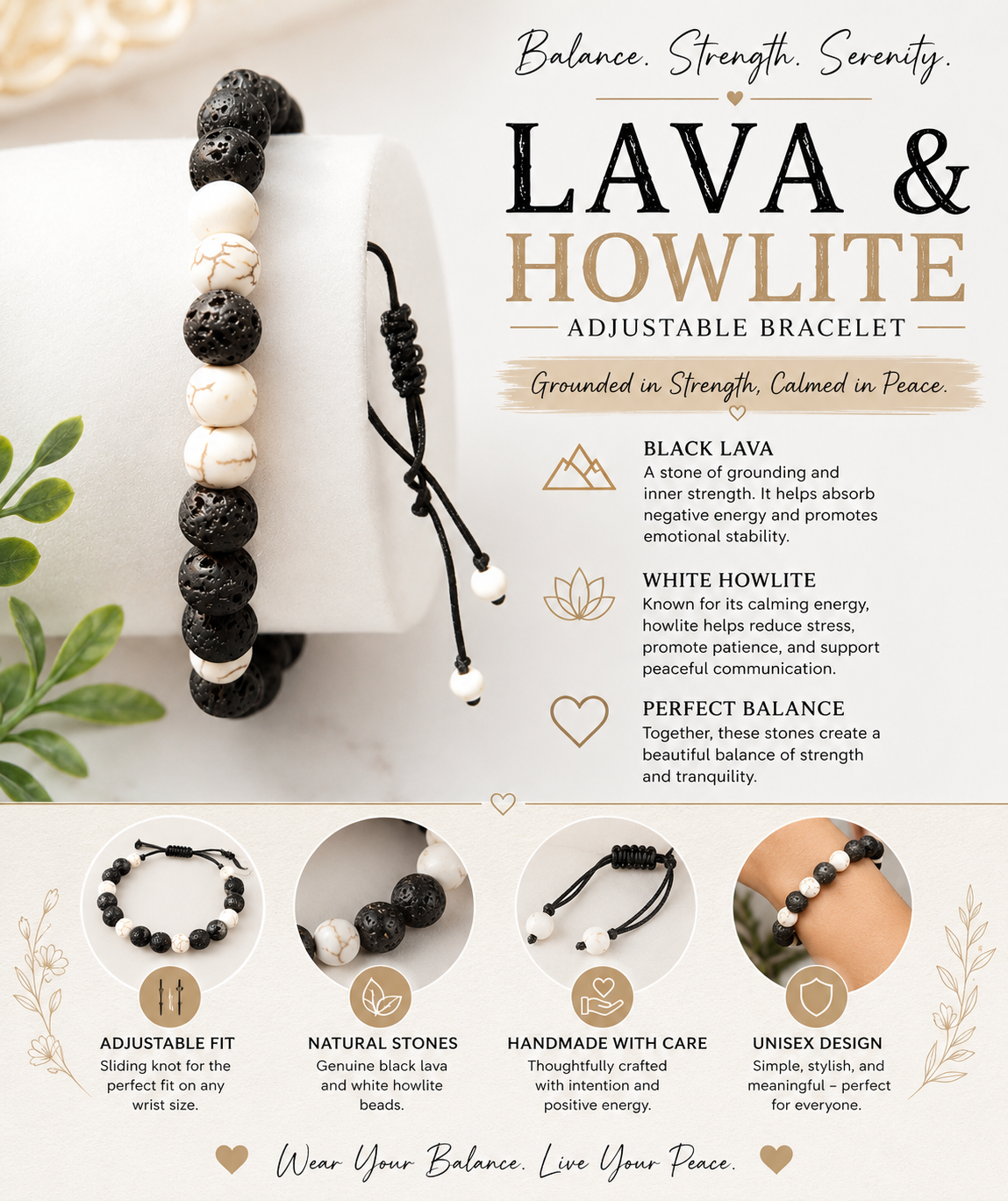 Black Lava & White Howlite Adjustable Bracelet by Raelynn Creations