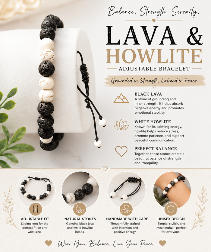 Black Lava & White Howlite Adjustable Bracelet by Raelynn Creations
