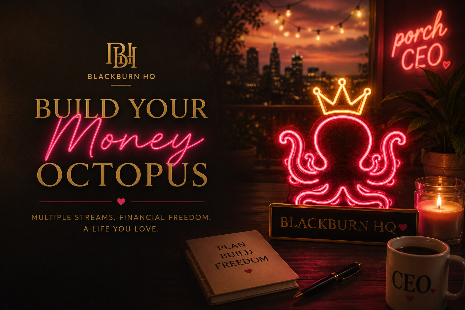 Neon octopus sign with 'porch CEO' and 'Blackburn HQ' branding, candle, and coffee cup on a table.