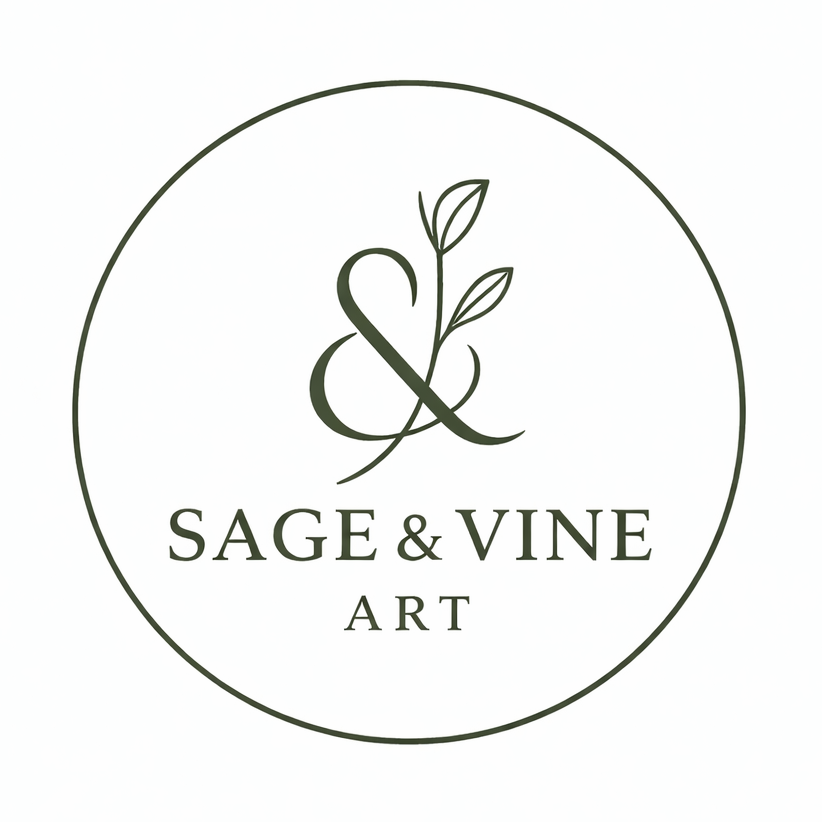 Sage & Vine Art logo representing a small, independent creative business offering handmade art and goods inspired by everyday beauty, creativity, and connection.