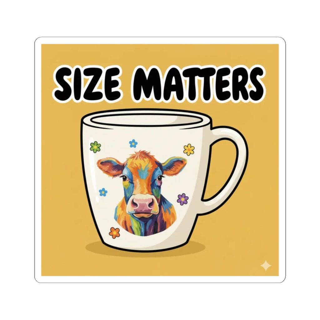 Size Matters glossy vinyl sticker featuring an oversized coffee cup, cheerful cow, and funny coffee quote from Blackburn HQ.