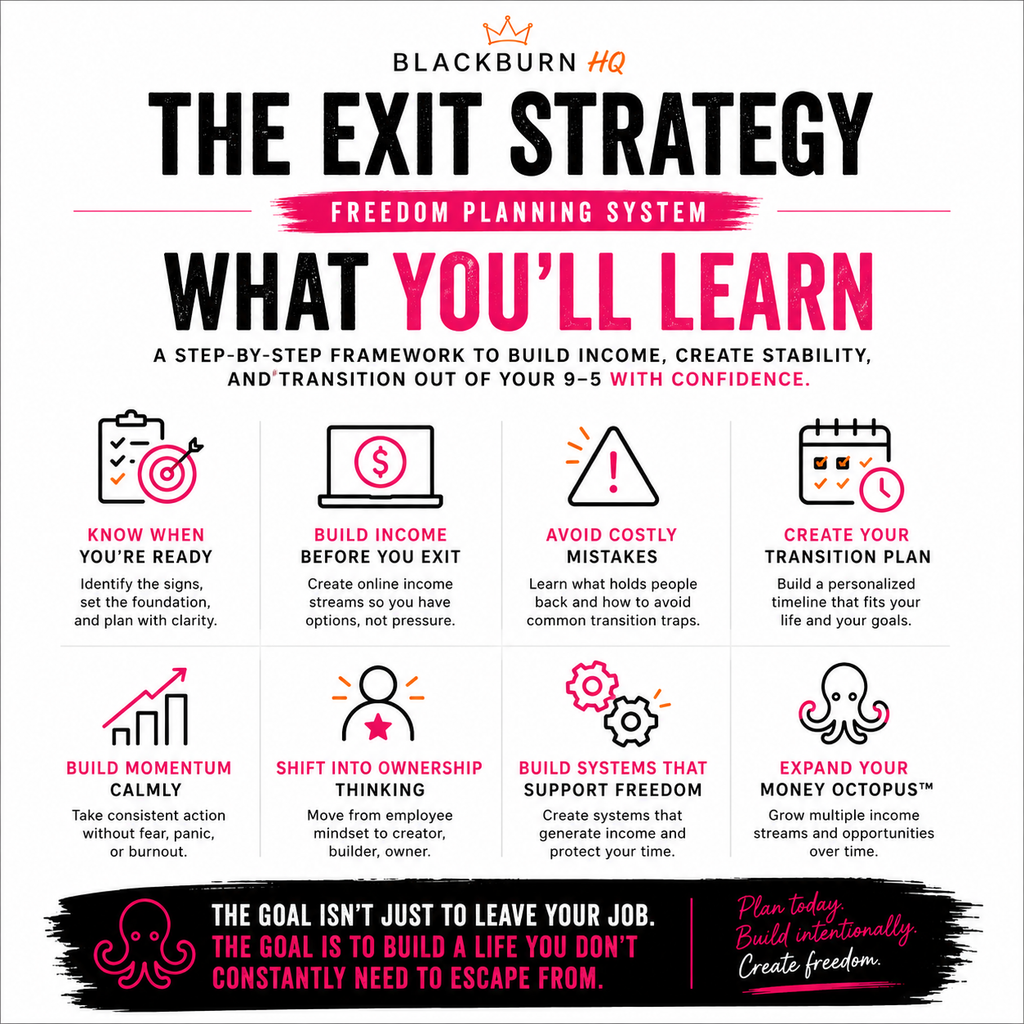 Promotional graphic for 'The Exit Strategy' freedom planning system by Blackburn HQ.