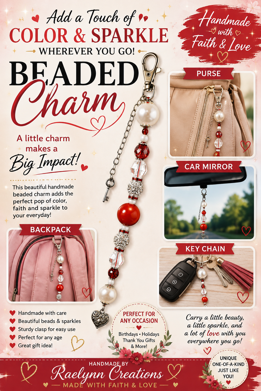 Red & Silver Beaded Charm ❤️✨ by Raelynn Creations